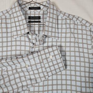 John W. Nordstrom Dress Shirt Mens XL Blue Check Egyptian Cotton Long Sleeve